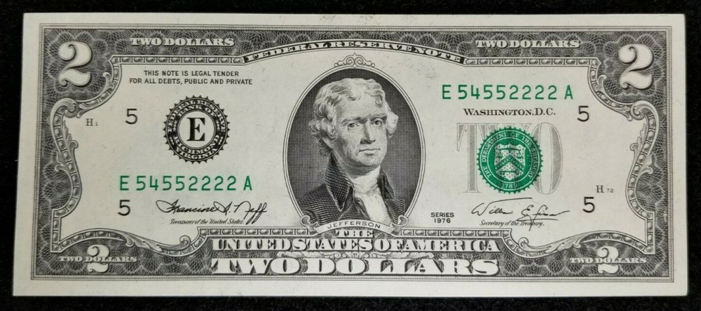 1976 $2 FRN FANCY SER# QUAD 54552222 UNCIRCULATED 2 INK ERRORS & SHIFT ERR