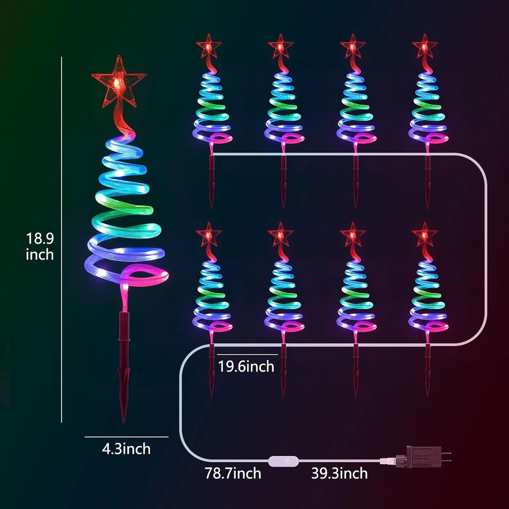 8PCS Outdoor Christmas Spiral Tree Pathway Lights, APP Control Multicolor Lights