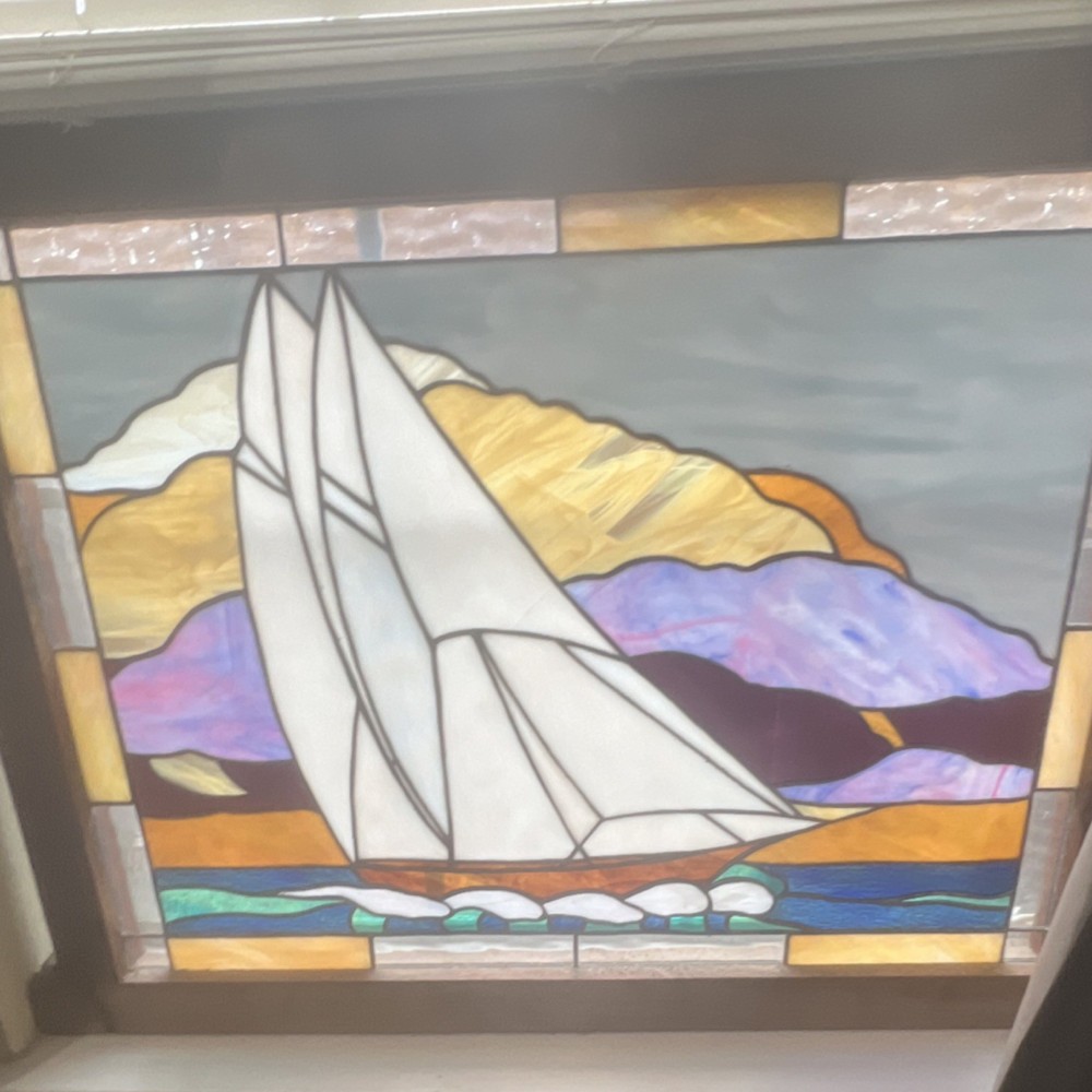 Leaded Stained Glass Window Hanging Sailboat Scene Large Rectangle