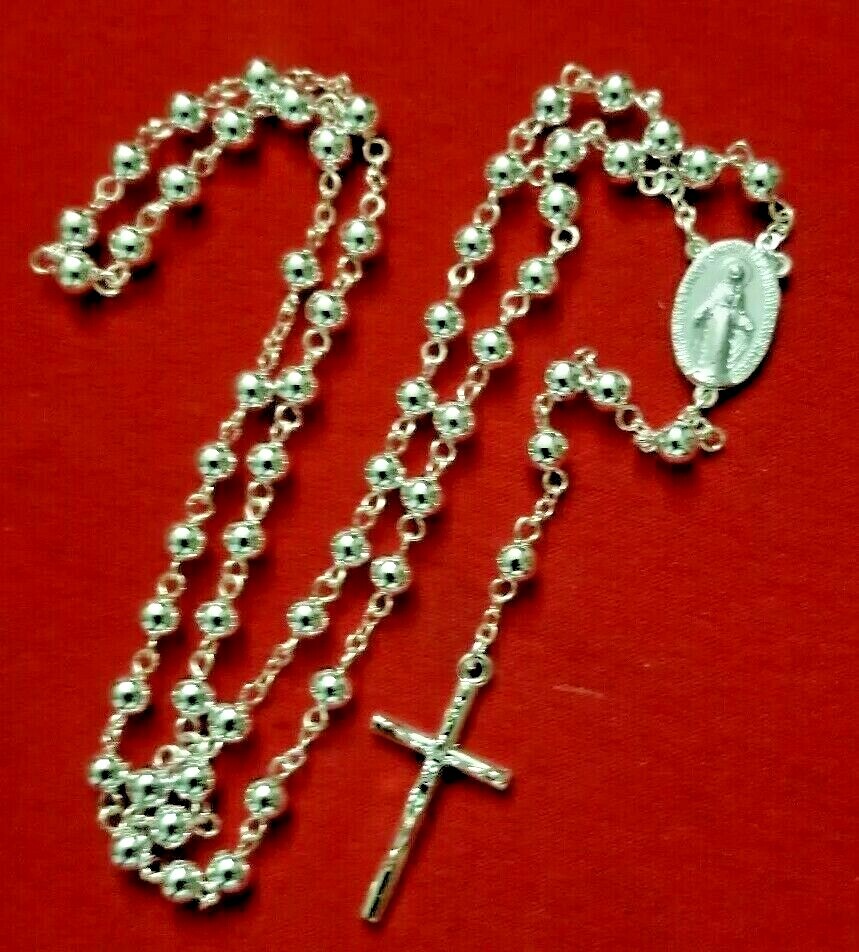 Christian CATHOLIC Rosary Necklace SILVER Plated  Beads  22" NEW