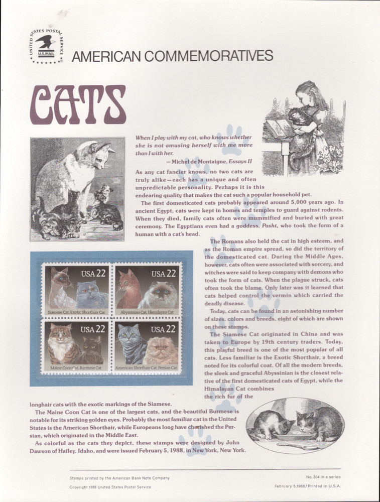 1988 Commemorative Panel Honoring Cat Breeds
