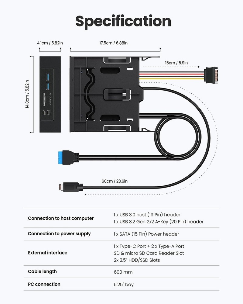 GRAUGEAR 5.25” Front Panel USB Hub, Internal SD/microSD Card Reader for De