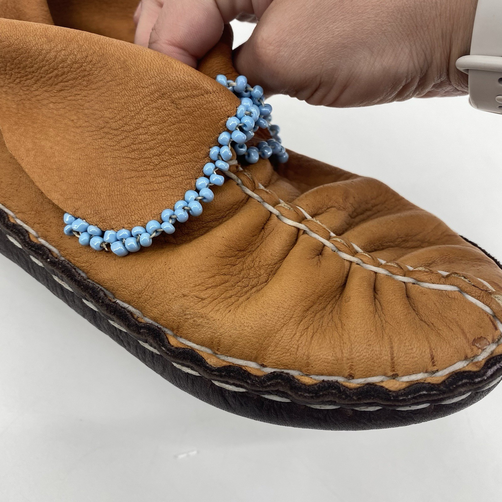 Brown Leather Handmade Center Seam Moccasins Native American Adult Beadwork