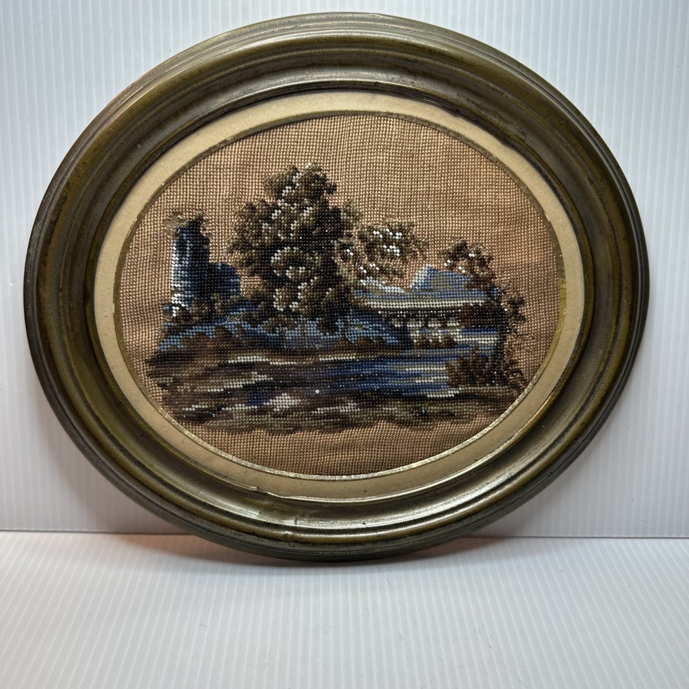 Vtg Beaded Embroidery Art Framed Oval