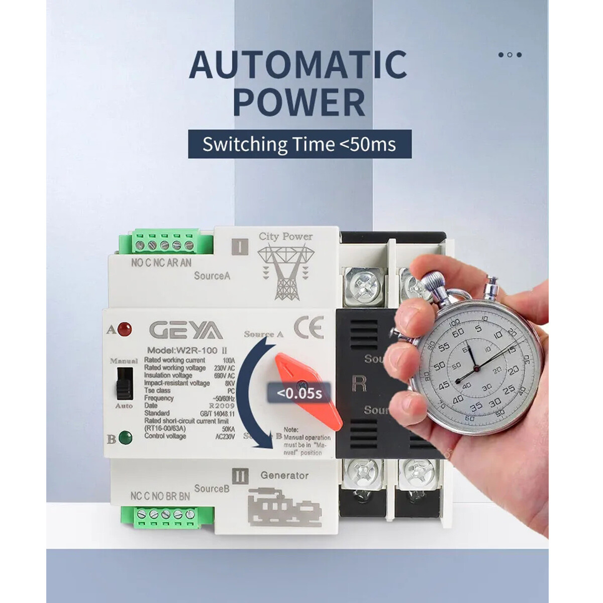 GEYA ATS PC Dual Power Automatic Power 2Pole 100A 220V Transfer Switch Grid NEW