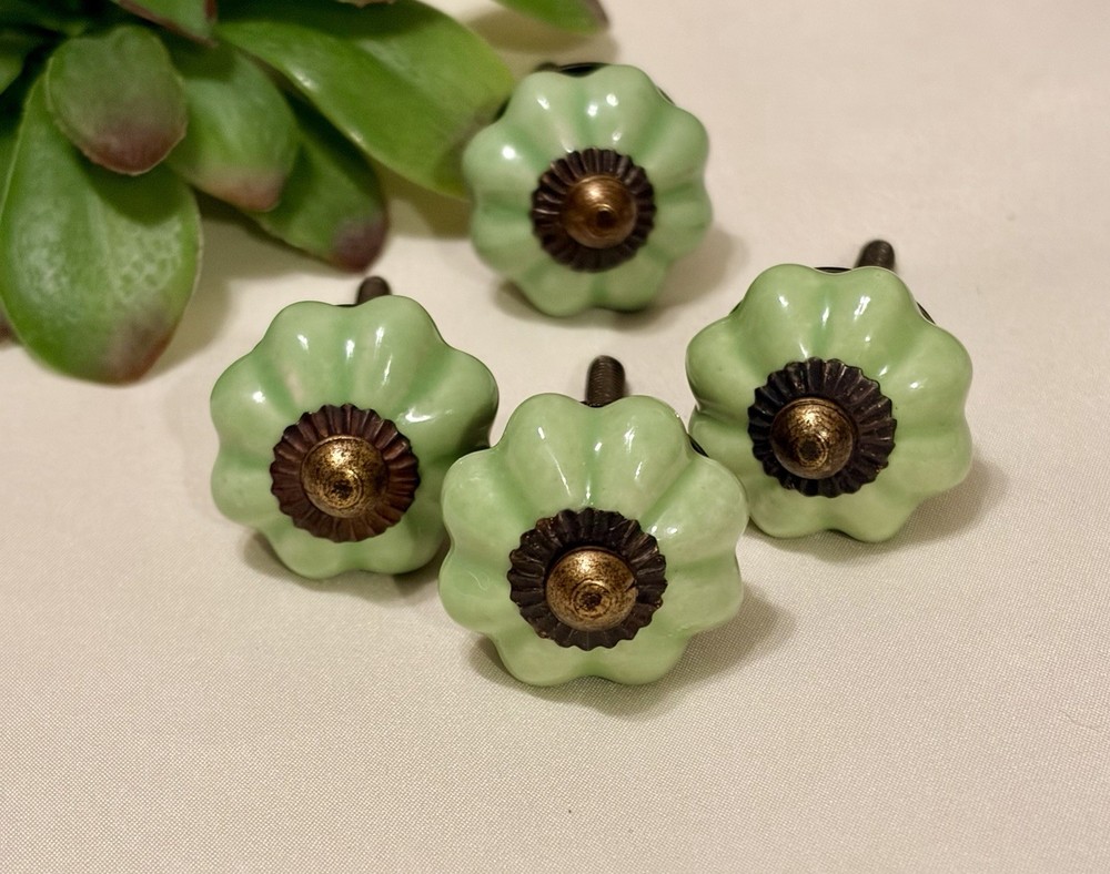 4 Light Green Ceramic Melon Knobs Antique Vintage Green Drawer Pulls