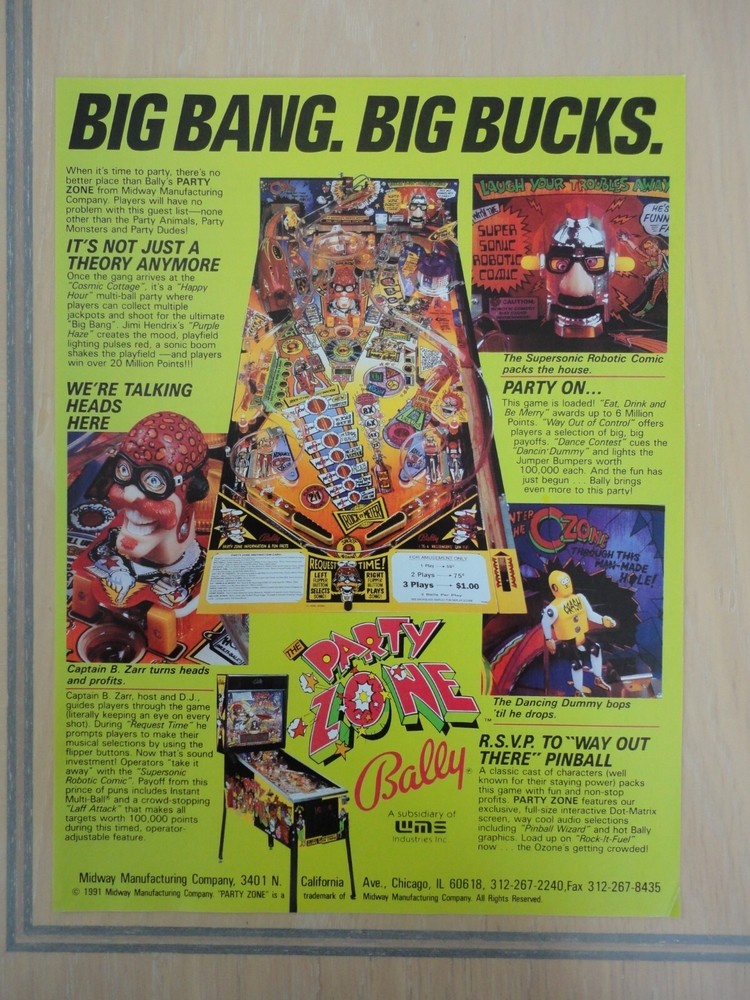 Party Zone Pinball Machine Flyer Original Magazine Pull Out Advertisement