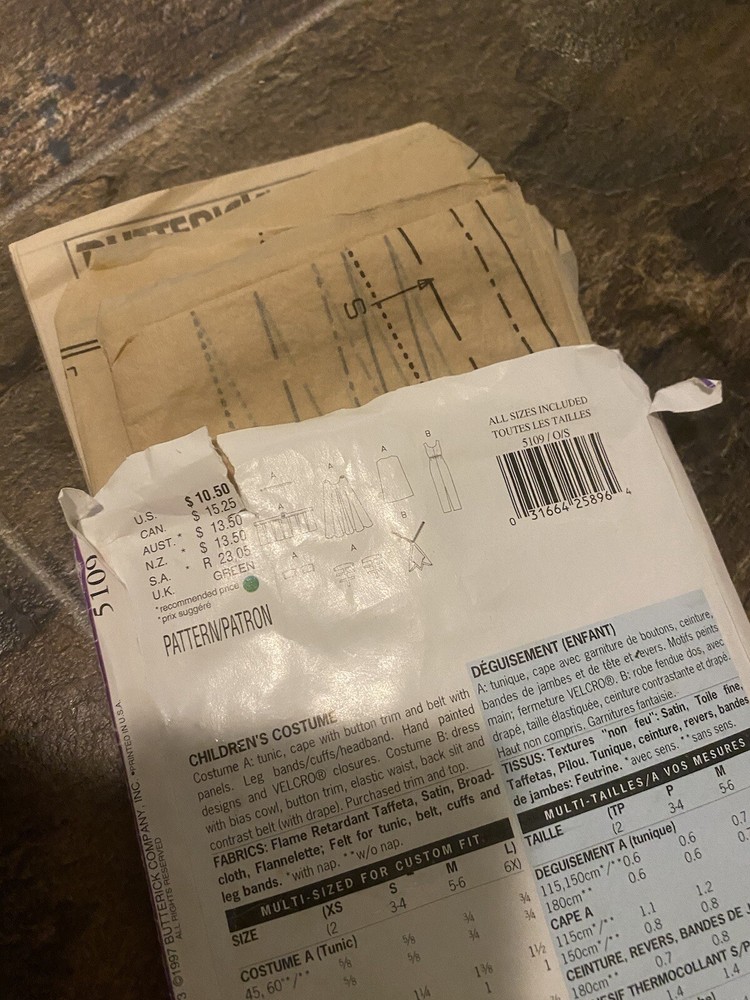 Butterrick All Sizes Costume Sewing Pattern 5109