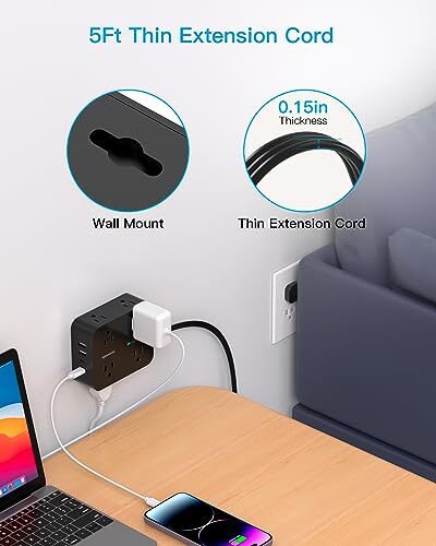 Power Strip Surge Protector 5Ft Ultra Thin Flat Plug Extension Cord with Mult...