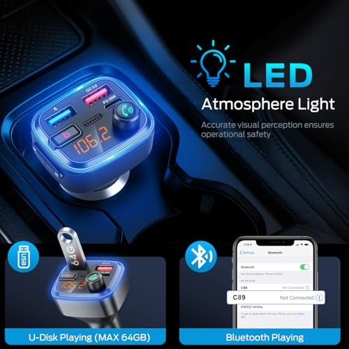 tooth 5.4 Car Adapter, Wireless FM Transmitter with Deep Bass Player, 48W Blue