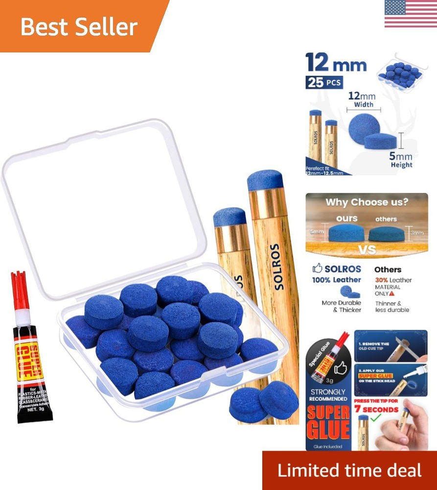 12mm Leather Pool Cue Tips Replacement Kit with Storage Box & Glue