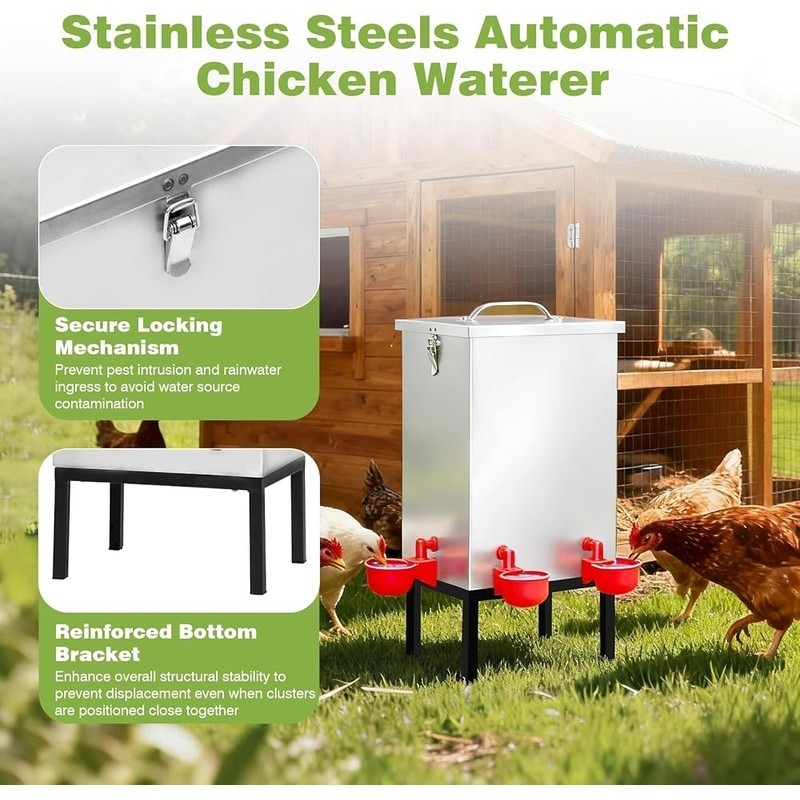 3 Gallons Chicken Waterer Stainless Steels Automatic with Latch Bottom Bracket