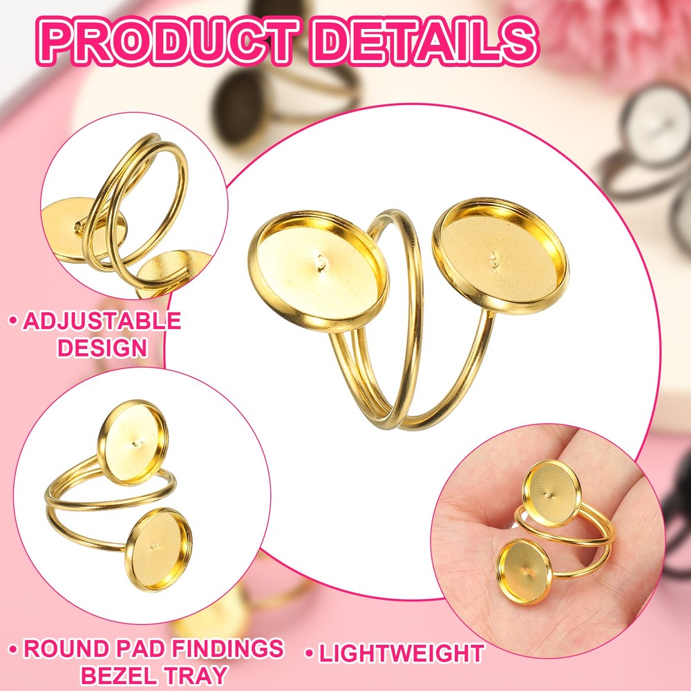 Ring Blank, 20 Pcs Adjustable Finger Ring Blank Base 12mm, Gold