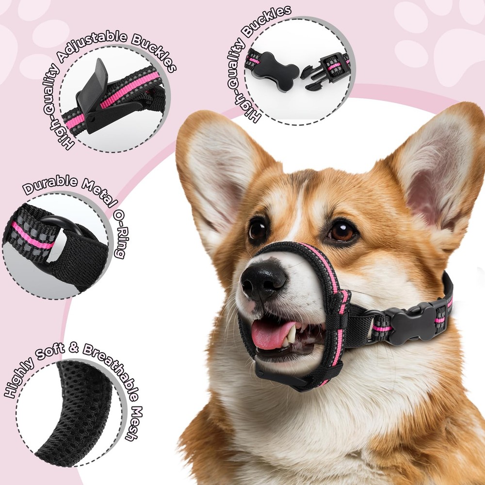 BONTHEE Dog Muzzle,Anti-Bite Adjustable Breathable Soft Muzzle for M, Pink