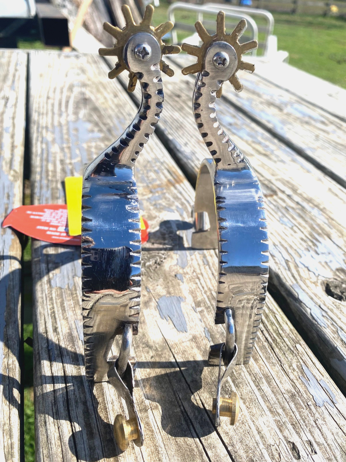 Men's notched edge design SS Western spurs w/brass buttons, 10 pt rowel