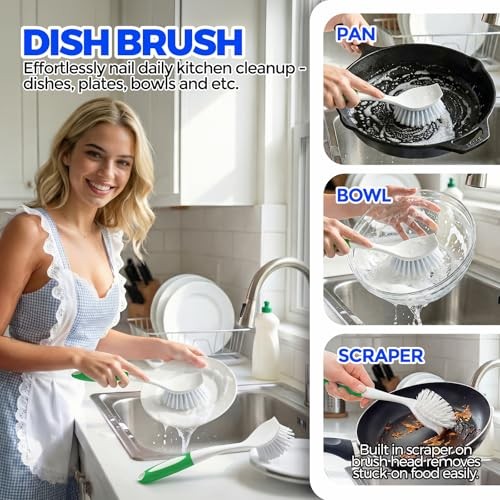 4 Pack Dish Brush with Handle Set - 2 Pack Kitchen Dish Brush with 4Pack Green