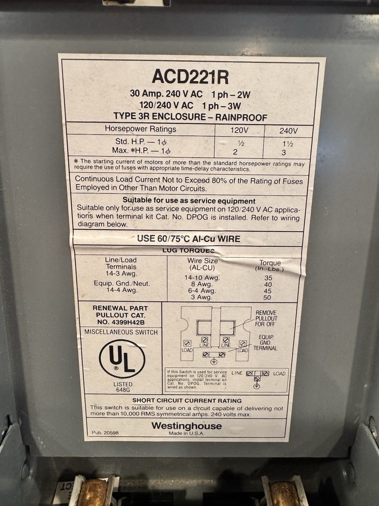 Westinghouse 30 Amp Disconnect With Fuses