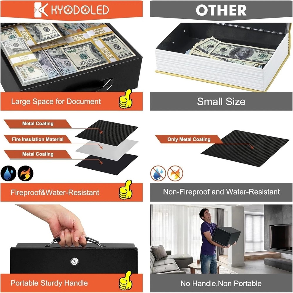Fireproof Document Box with Key Lock, Small Lock Boxes for Personal Items, Fi...