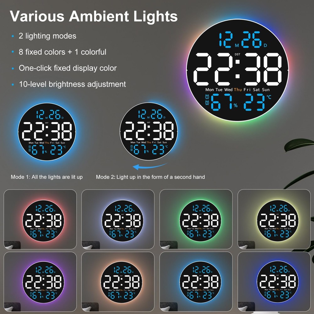 JoFomp 10" Large Digital Wall Clock with Remote Control, LED Display, Plug-in...