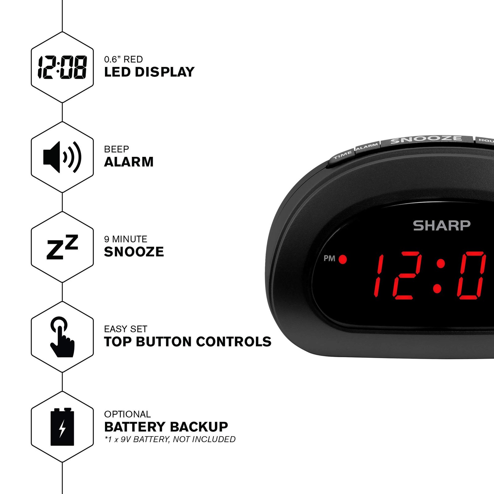 Sharp Small, Space-Saving Digital Alarm Clock – Compact Bedside Clock with La...