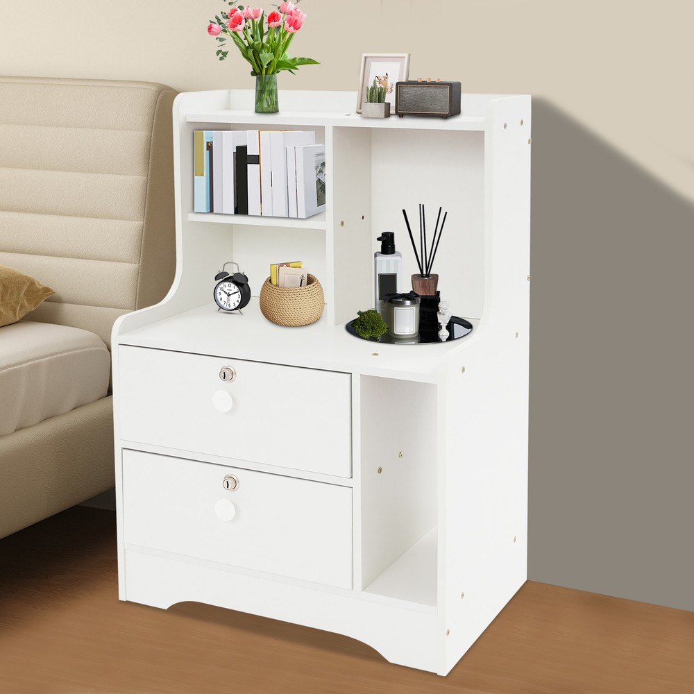 2 Drawers Nightstand, Side Table, White Storage Cabinet, Bedside Table W/ 4*Keys