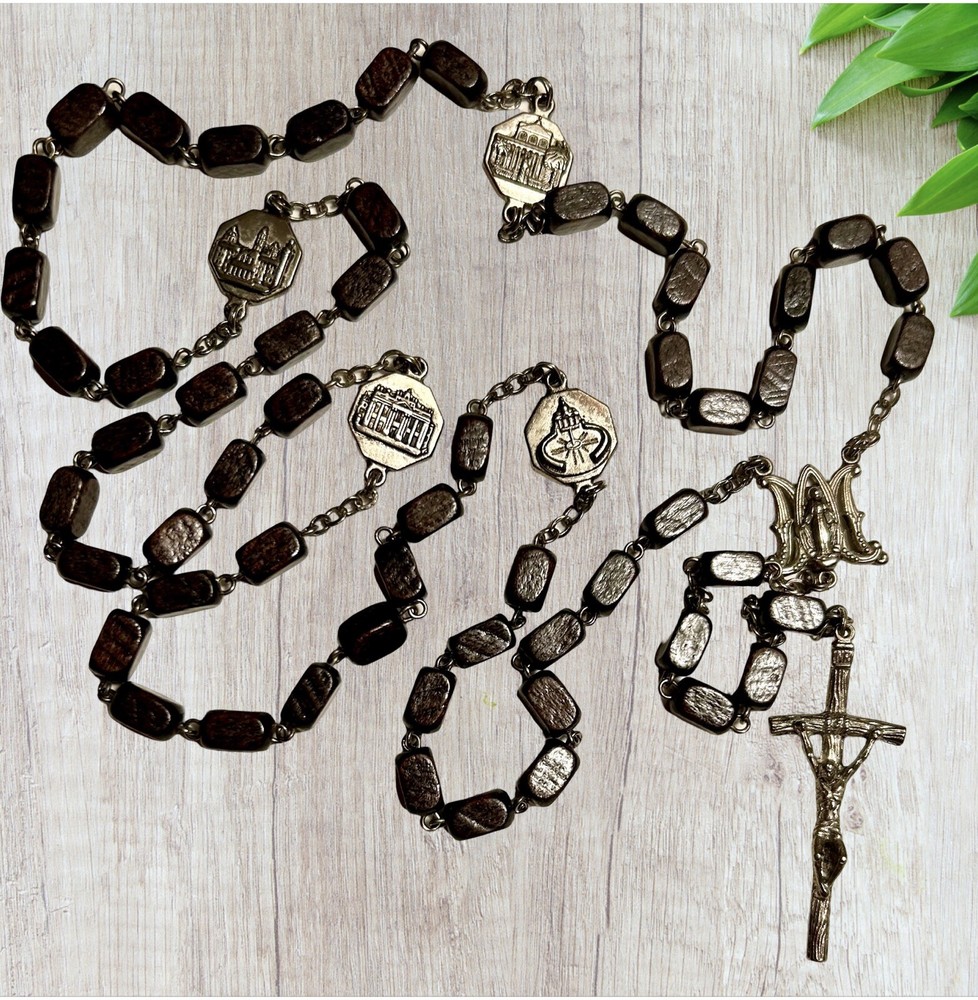 Unique Vatican Dark Wood  Rosary w Basilicas of Rome As Decade Markers Italy