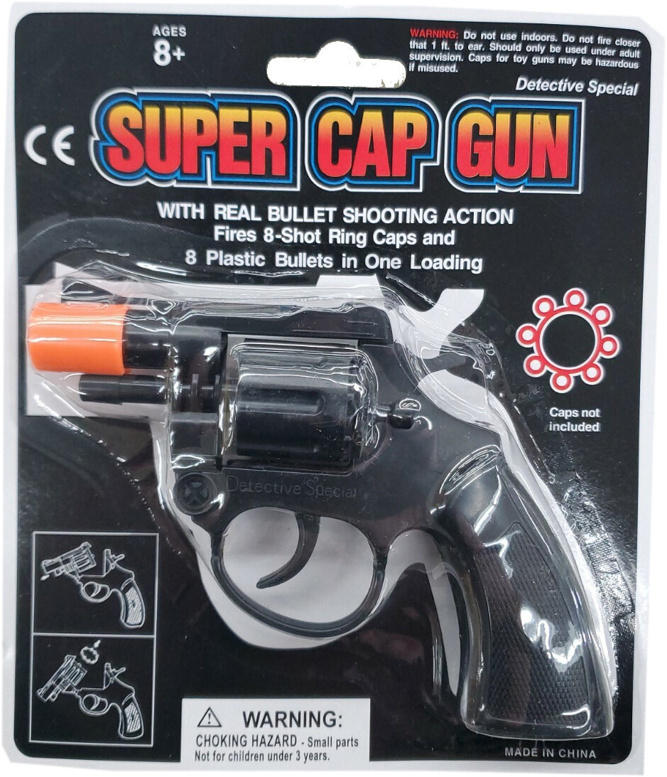 8 Ring Shot Cap Gun Black Novelty Police Pistol Revolver - Plastic - Halloween