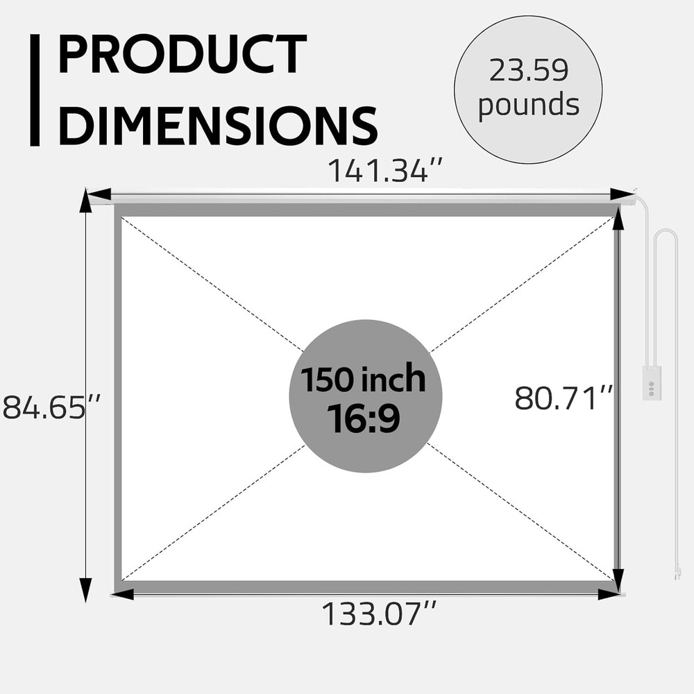 150" Projector Screen Motorized 16:9, 4K HD Pull Down 150 INCH 16:9