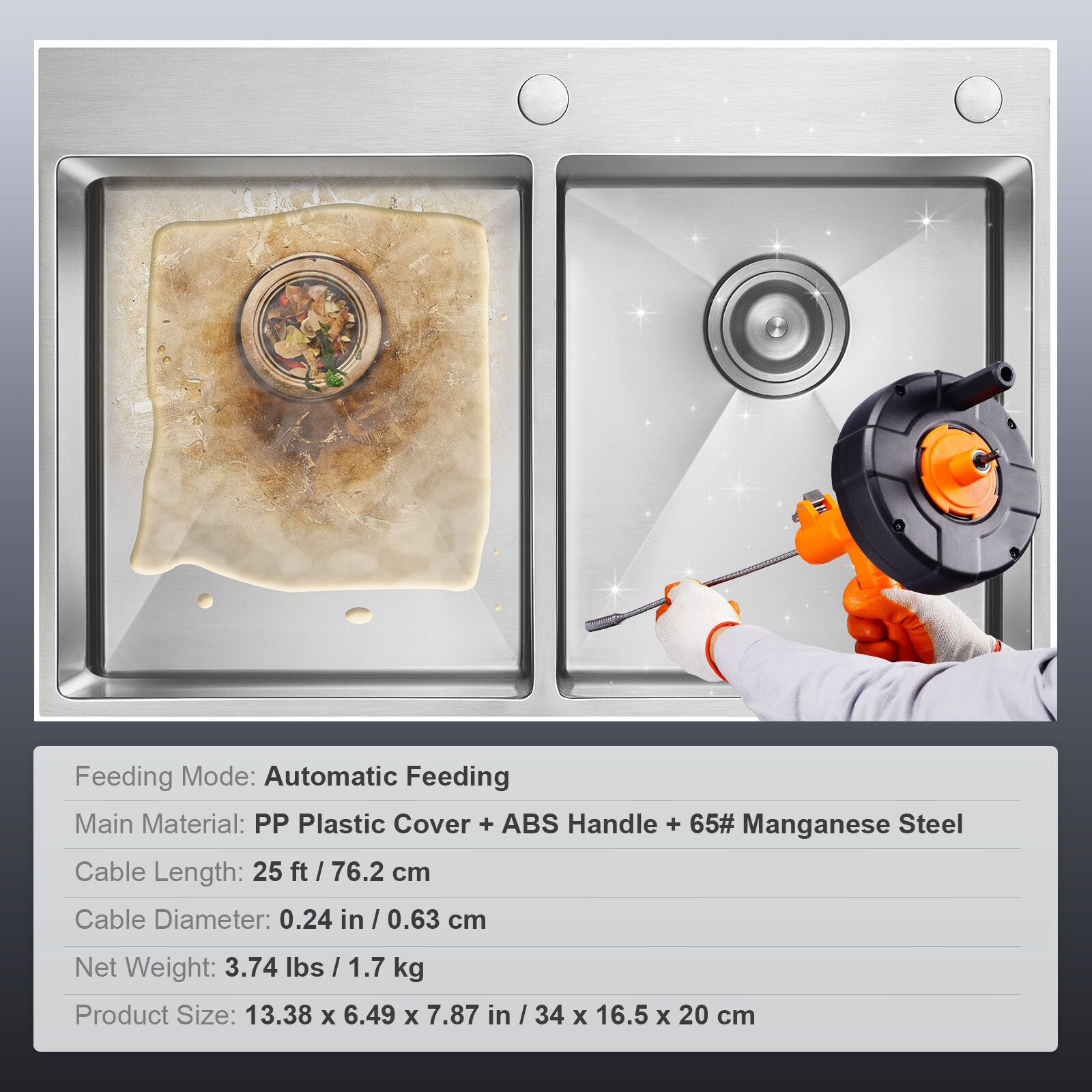 VEVOR 25Ft 1/4" Plumbing Drain Cleaner Snake Drain Auger Cleaning Clog Remover