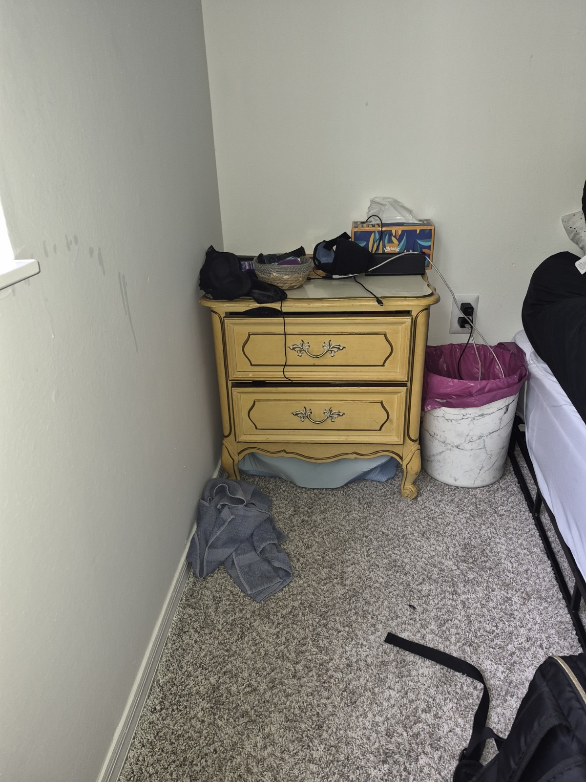 Set of 1 Modern Vintage Nightstands, Black Beige Wood Metal, 2 Drawers, Bedroom