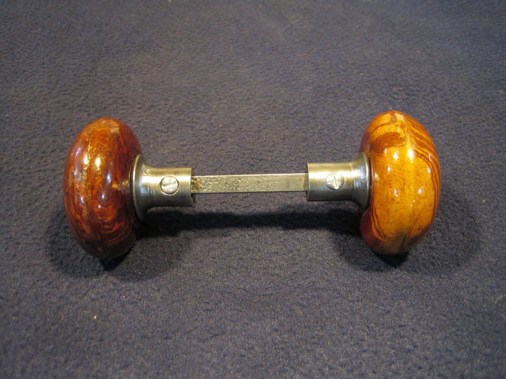 Pair Antique Brown Marble Swirl Tiger Eye Bennington Porcelain Door Knobs 1890's