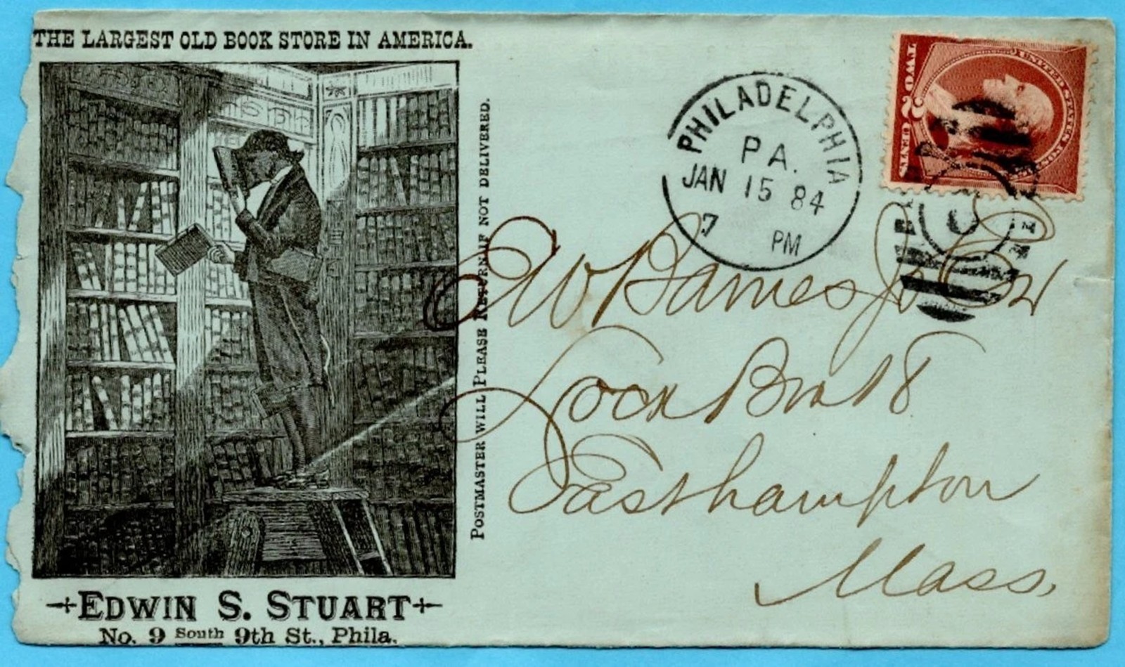 LARGEST OLD BOOK STORE in AMERICA - 1884 PHILA, PA 2-SIDED AD Cover - BLUE PAPER