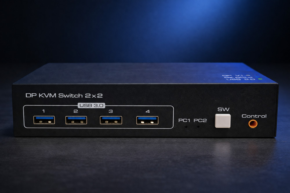 DP KVM Switch 2x2 DisplayPort + USB 3.0 {Remote Switch Button DP Cable Included}