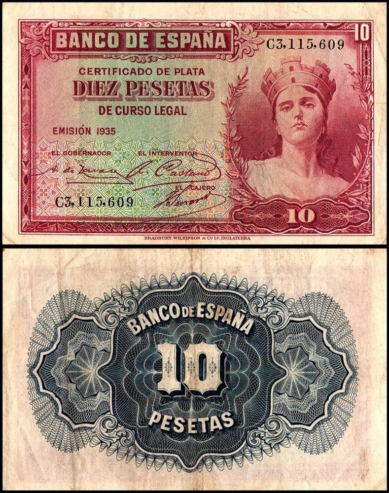 Spain 10 Pesetas, 1935, P-86, Used
