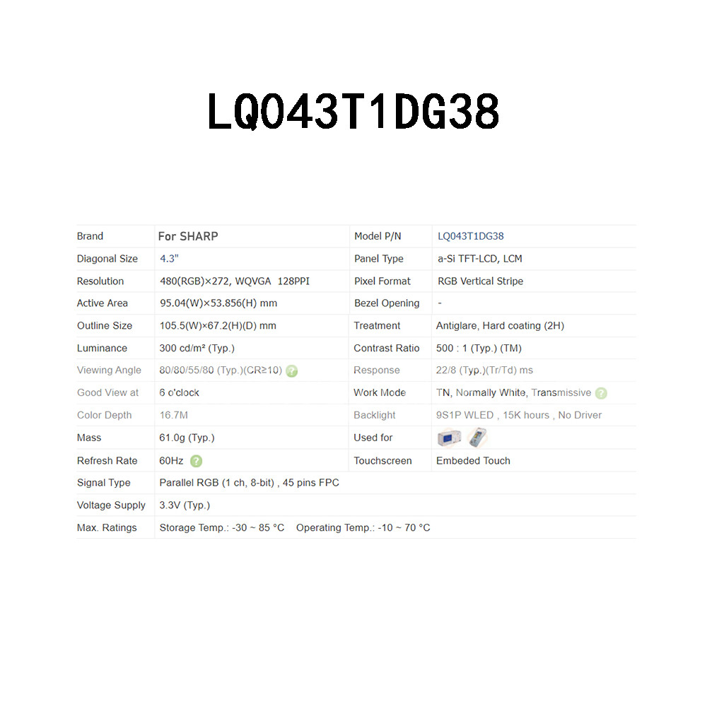 LQ043T1DG38 For Sharp 4.3-Inch industrial LCD control panel Fully Teste
