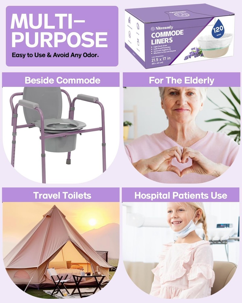 Commode Liners for Bedside Commode, 120 Count Universal Fit, Disposable Toile...