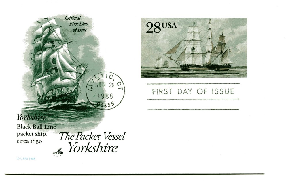 UX122  28c Yorkshire, packet ship, ArtCraft, FDC