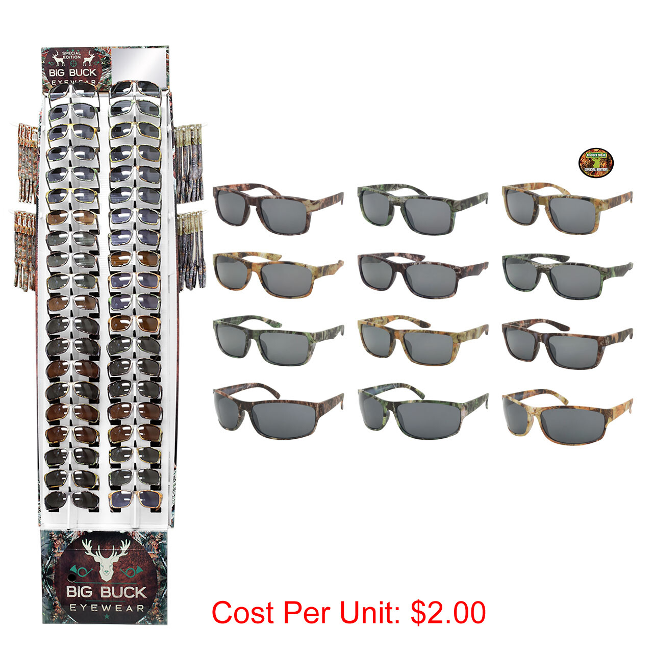 WHOLESALE SUNGLASSES CAMO SPORT STYLES 180 PCS WITH DISPLAY BULK LOT SUNGLASS