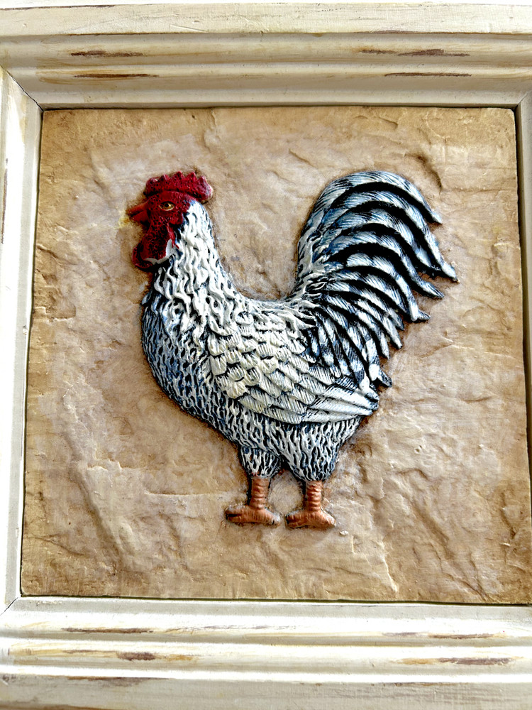 Framed Ceramic Tile Rooster Plaque 8" by 8" Shabby Chic Frame