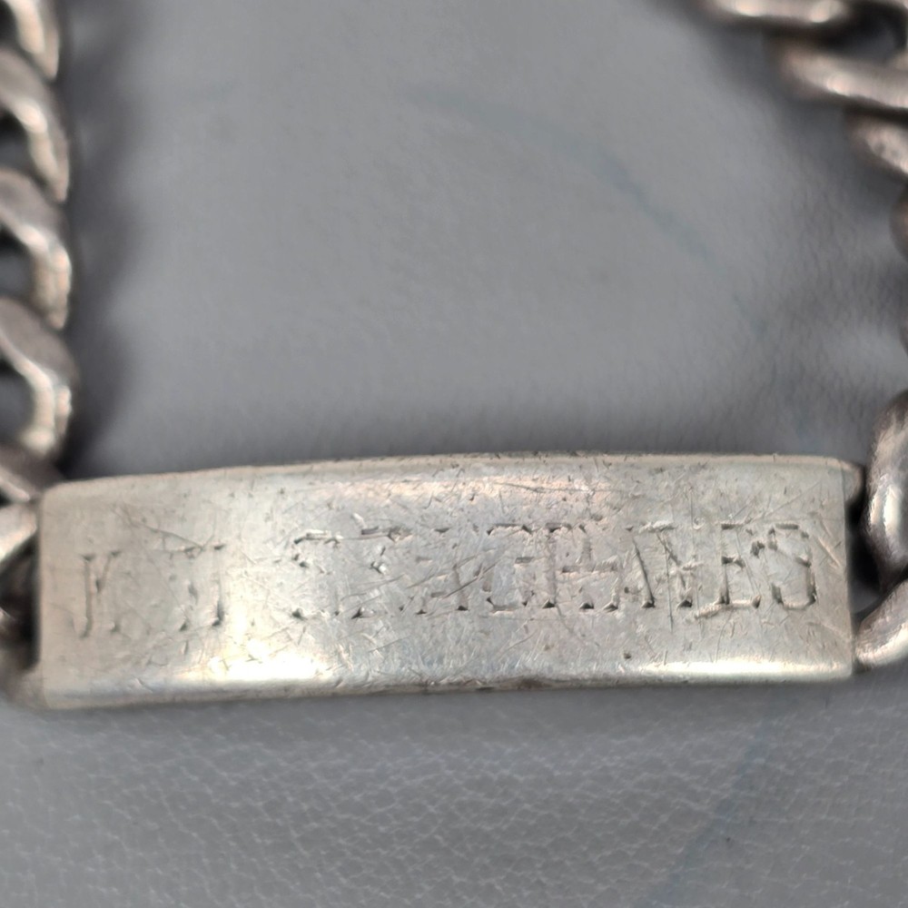WWII Military Sterling Silver ID Heavy Chain Bracelet Engraved Message 53.5g