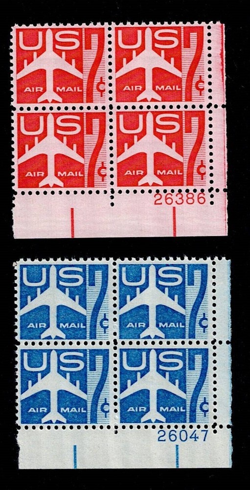 US, C51 & C60 7c Jet Silhouettes Blue & Red Plate Blocks - MNH