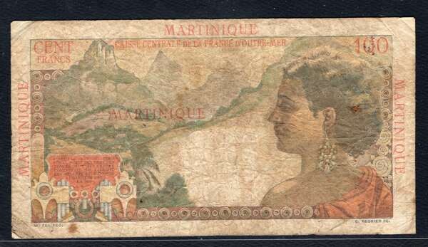 MARTINIQUE, P-31, 100 FRANCS 1946, JUST G/VG