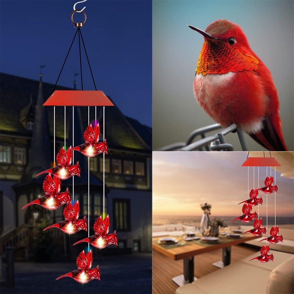 Solar Wind Chimes Lights LED Birds Color Changing Yard Hanging Cardinal Lamp US