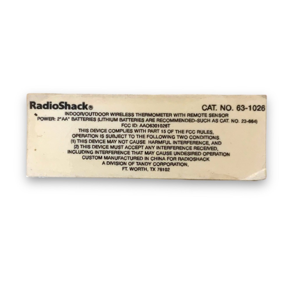 Radio Shack Thermo Sensor Wireless Thermometer 63-1026 Replacement Back Only