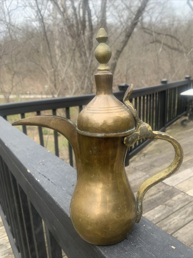 Vintage Handmade DALLAH Arabic Turkish Solid Brass Coffee Pot 10”T, Signed