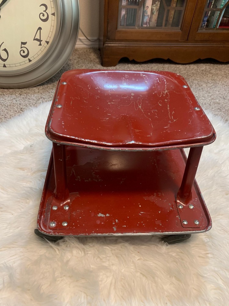 VINTAGE RED METAL ROLLING GARAGE STOOL