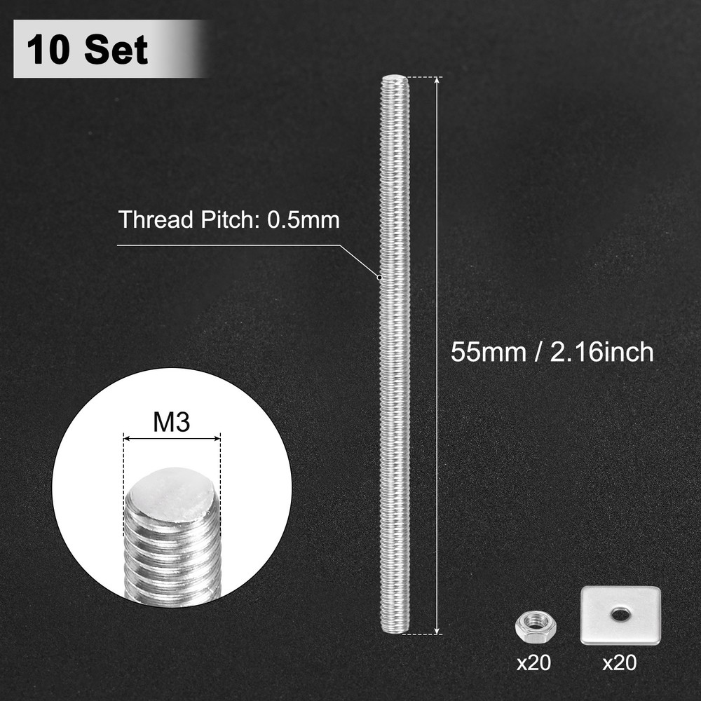 10-Set Fully Threaded Rod, M3x55mm Right Hand Thread Bar Studs with Nuts