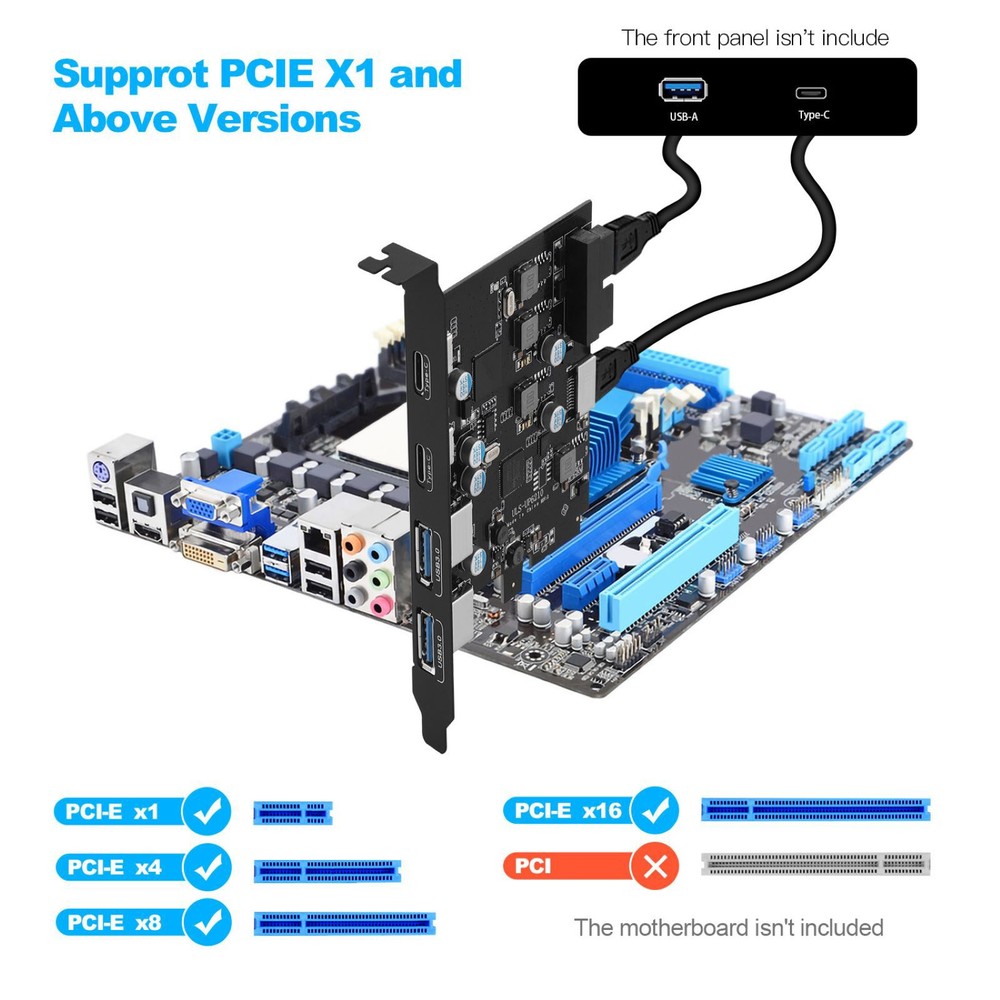 5Gbps Expansion Card For Win/Mac/Linux 2xUSB-C 2xUSB-A PCIe X1/X4/X8/X16