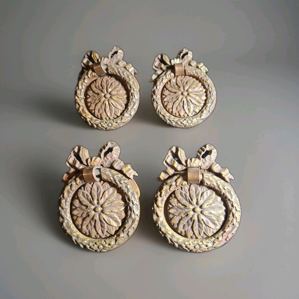 4 RARE  Antique Ring Pulls  Solid Brass Or Bronze. Garland Bow Wreath.