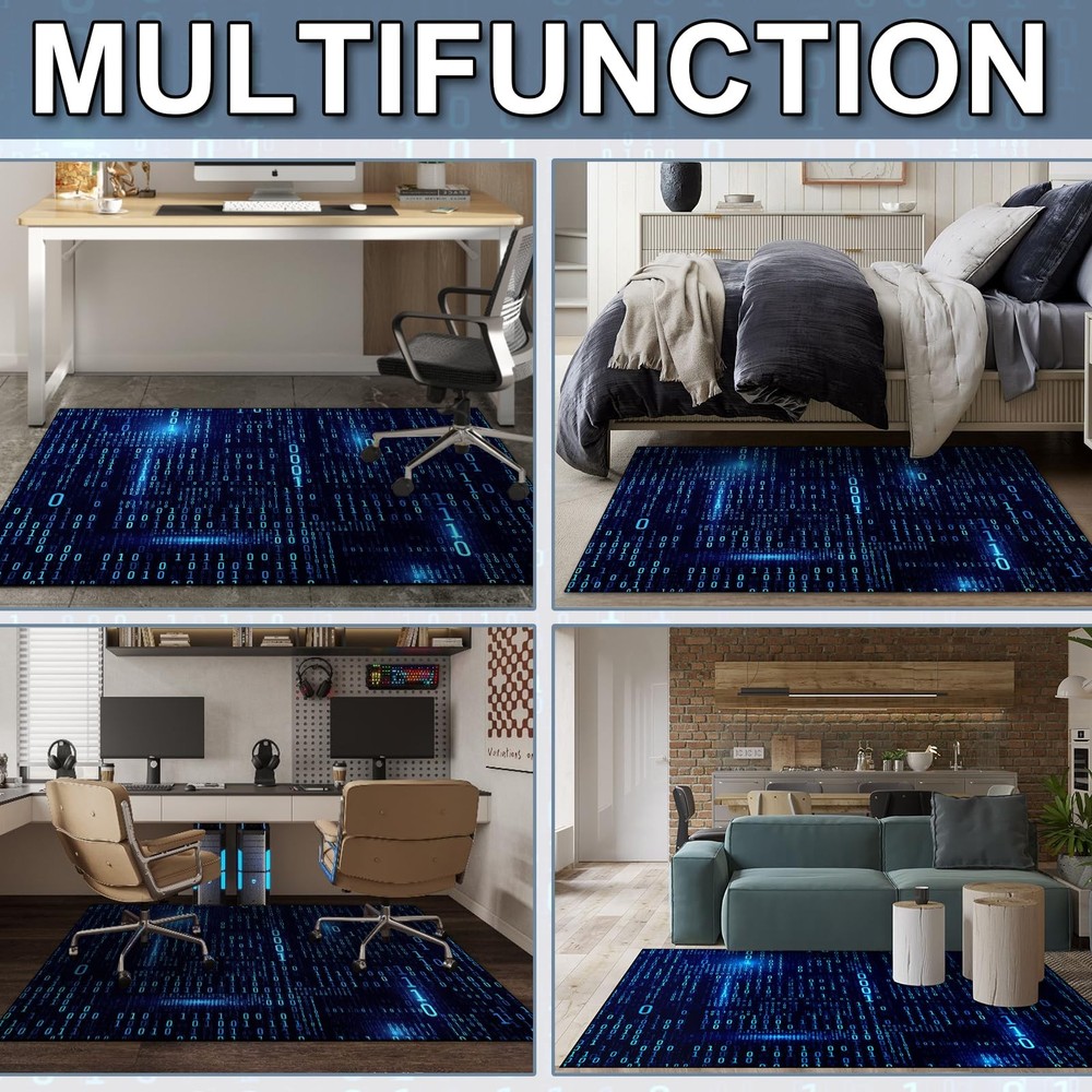 Washable Game Area Rug, Blue Binary Code Design Gaming Programmer Teen Carpet Ru